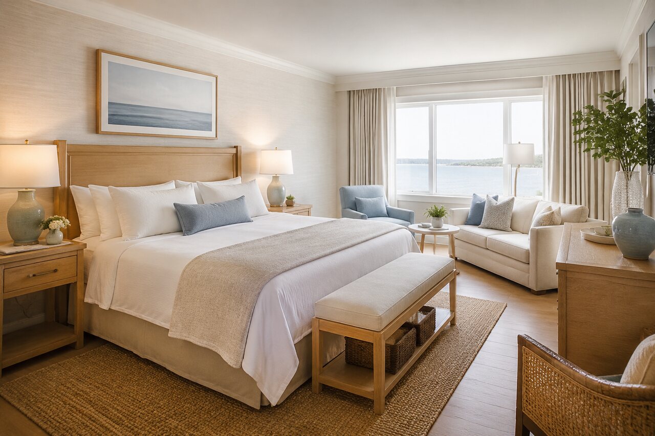 Classic king hotel room with warm coastal decor
